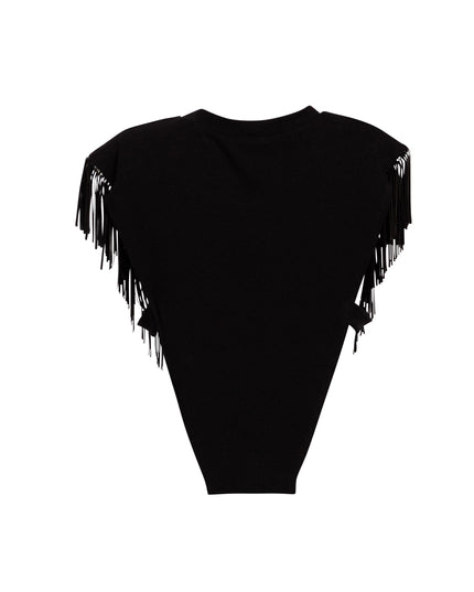 Back view of plain black t-shirt with faux-leather fringe on the sides.