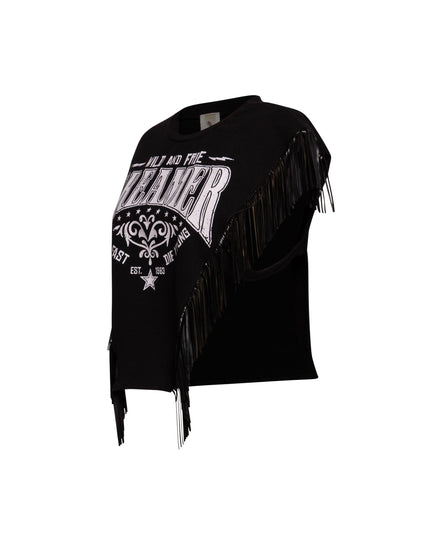 Left side view of fringed black graphic t-shirt with faux-leather fringe details and bold white slogan.