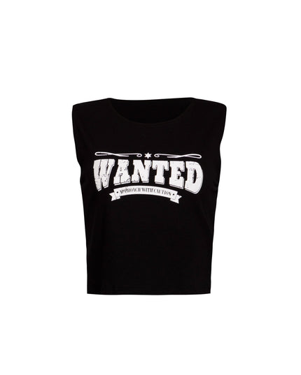 Front view of black muscle tank with 'Wanted – Approach With Caution' graphic.