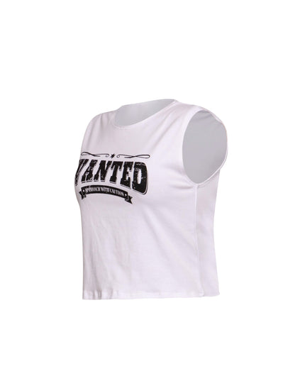 Left side view of white muscle tank with graphic print and sleeveless design.