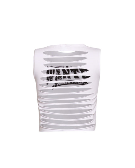 Back view of white muscle tank with cutout back design for a bold, edgy look.