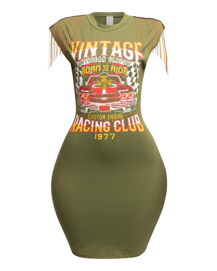 Olive green vintage racing club t-shirt with red car graphic and fringed sleeves on mannequin.