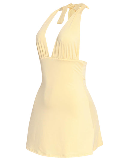 Sorbet yellow mini dress with plunge neckline and back-tie halter

