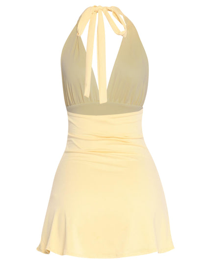 Vibrant yellow halter mini with flattering flare and sexy neckline

