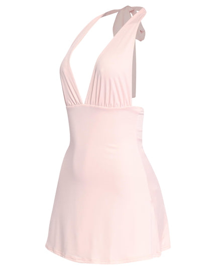 Dreamy pastel pink halter dress with stretch fit and gathered bust


