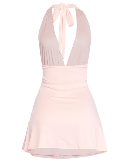 Light pink halter mini with sexy front plunge and soft girly energy

