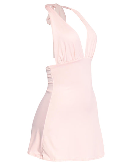 Baby pink backless mini dress for warm weather styling and vacays

