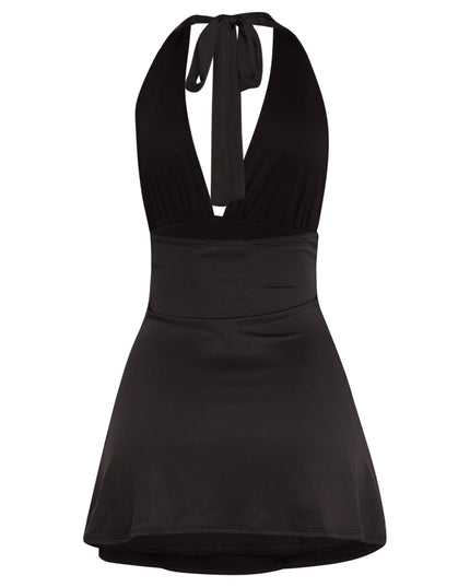Sexy black halter dress with low back and flared hem for chic styling

