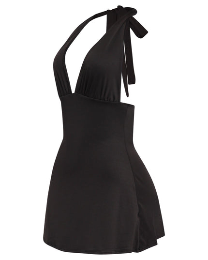 Elegant halter mini in black with dramatic plunge and flirty shape

