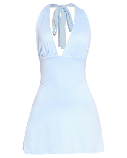 Soft pastel halter dress with gathered bust and low open back


