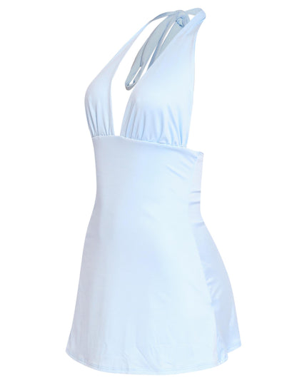 Sky blue sleeveless mini dress with body-hugging silhouette and flared hem

