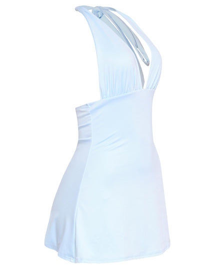 Powder blue beach-to-brunch mini with resortwear vibes and sultry plunge

