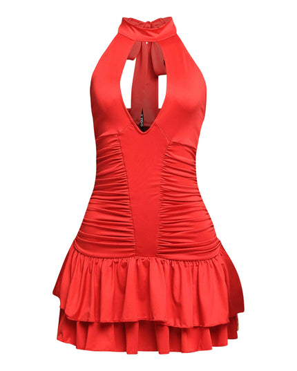 Shirring detailed halter layered ruffle dress - Muvin 