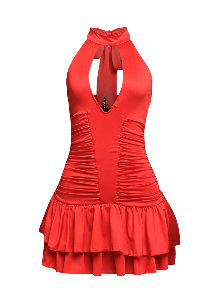 Shirring detailed halter layered ruffle dress - Muvin 
