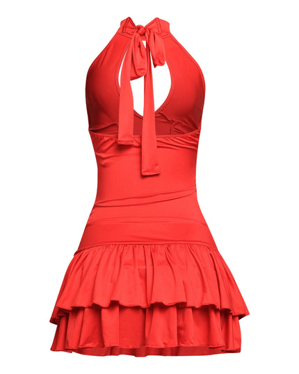 Shirring detailed halter layered ruffle dress - Muvin 