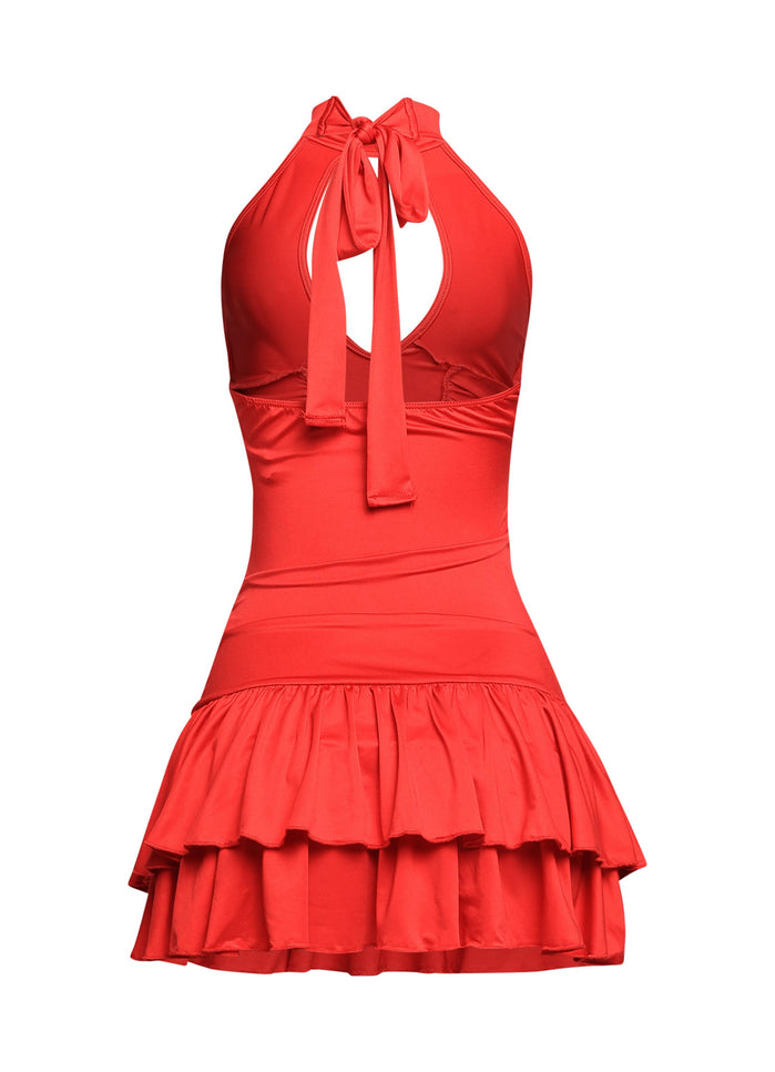 Shirring detailed halter layered ruffle dress - Muvin 