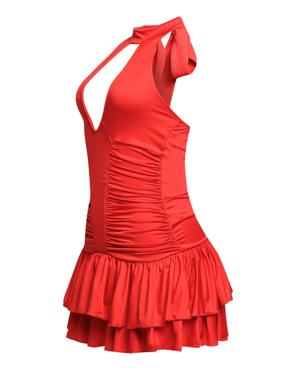 Shirring detailed halter layered ruffle dress - Muvin 