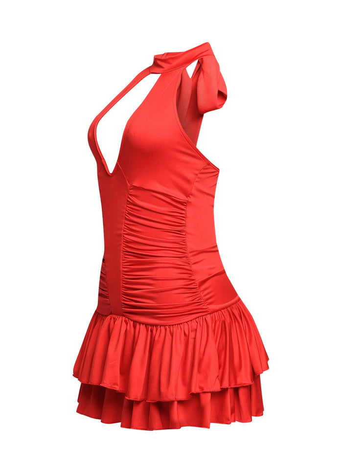 Shirring detailed halter layered ruffle dress - Muvin 