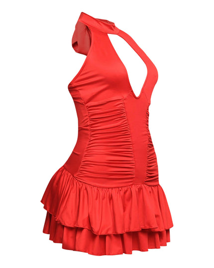 Shirring detailed halter layered ruffle dress - Muvin 