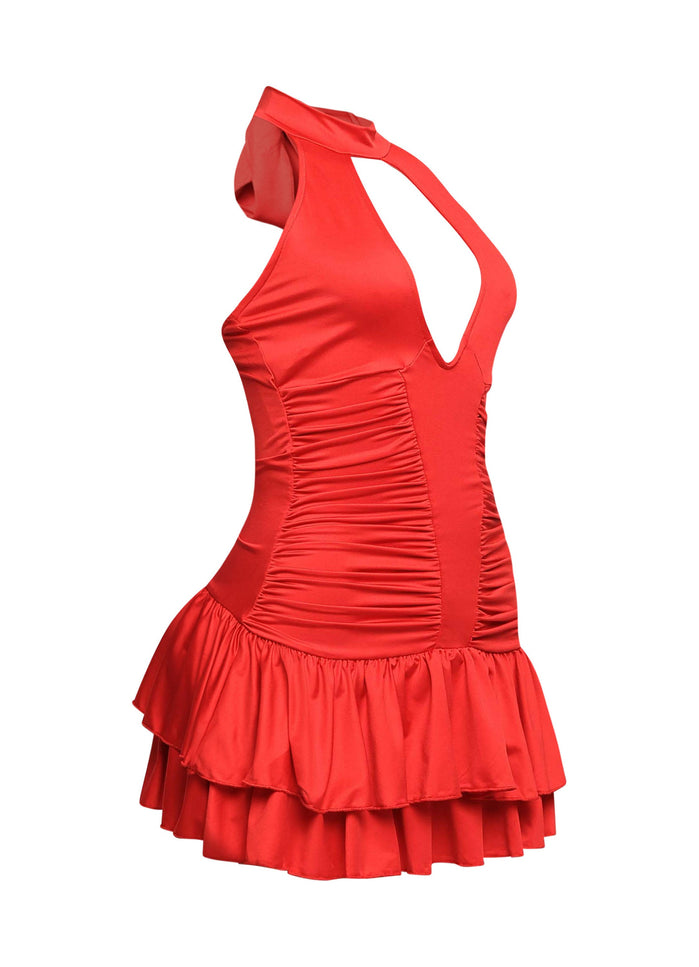Shirring detailed halter layered ruffle dress - Muvin 