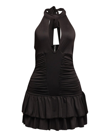 Shirring detailed halter layered ruffle dress - Muvin 