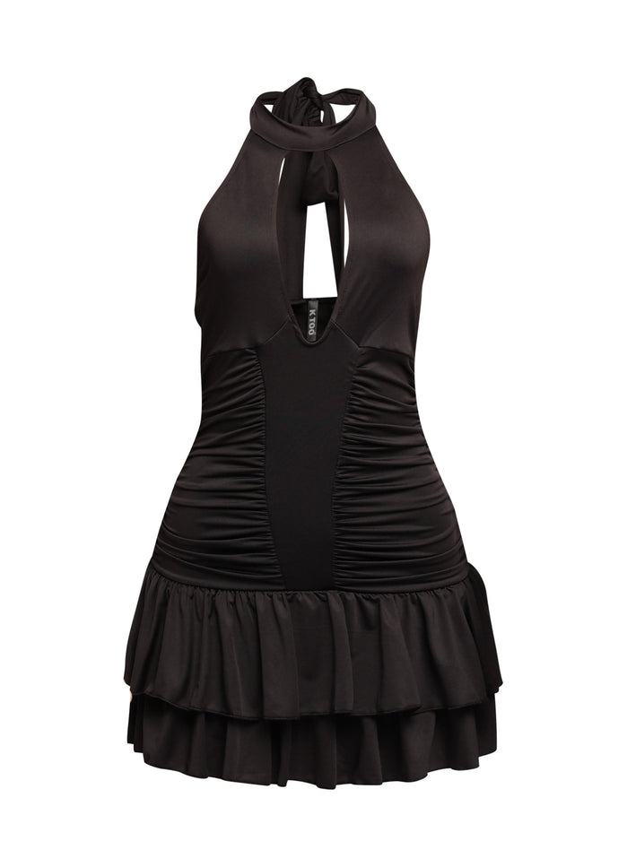 Shirring detailed halter layered ruffle dress - Muvin 