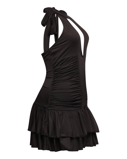 Shirring detailed halter layered ruffle dress - Muvin 