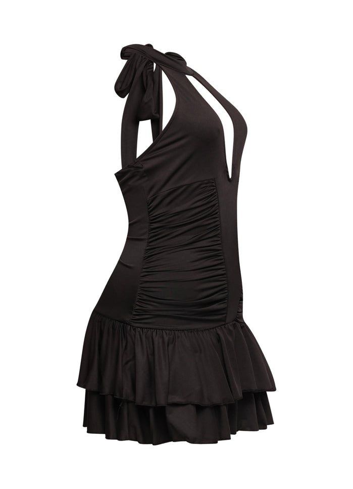 Shirring detailed halter layered ruffle dress - Muvin 