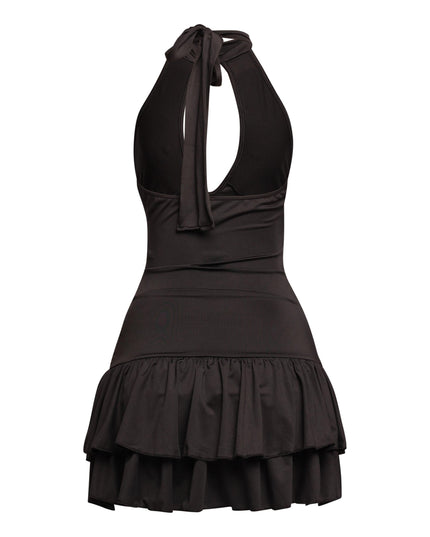 Shirring detailed halter layered ruffle dress - Muvin 