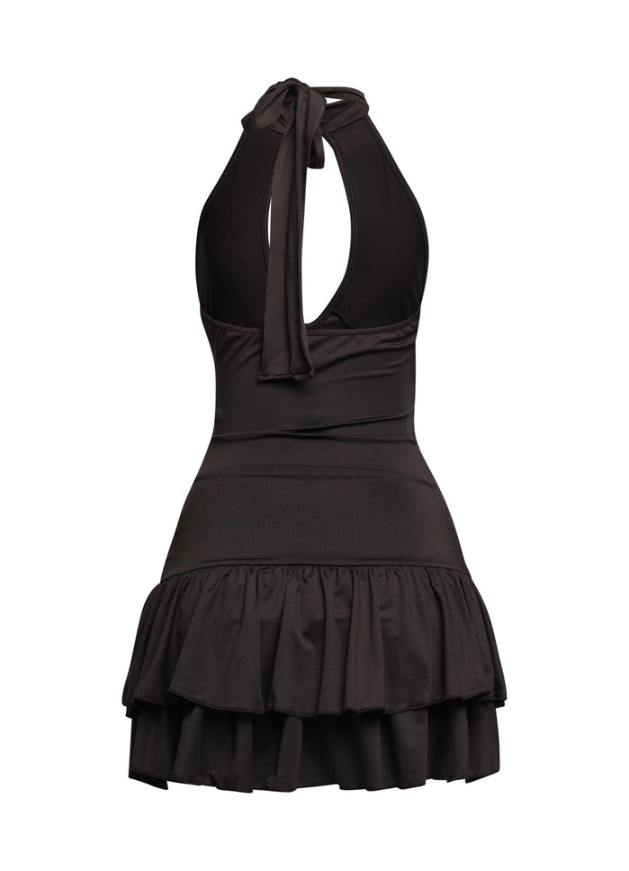 Shirring detailed halter layered ruffle dress - Muvin 