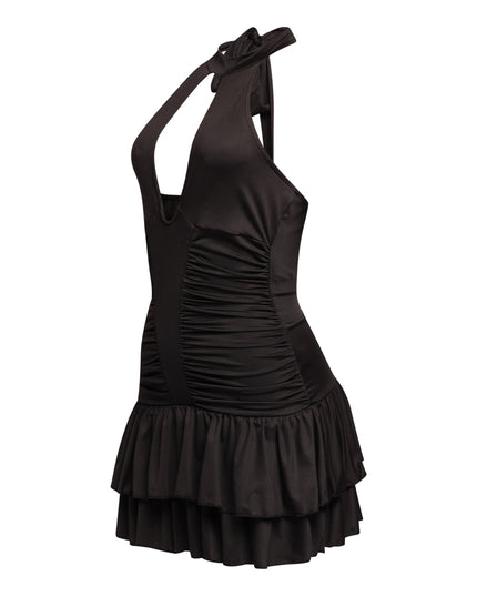 Shirring detailed halter layered ruffle dress - Muvin 
