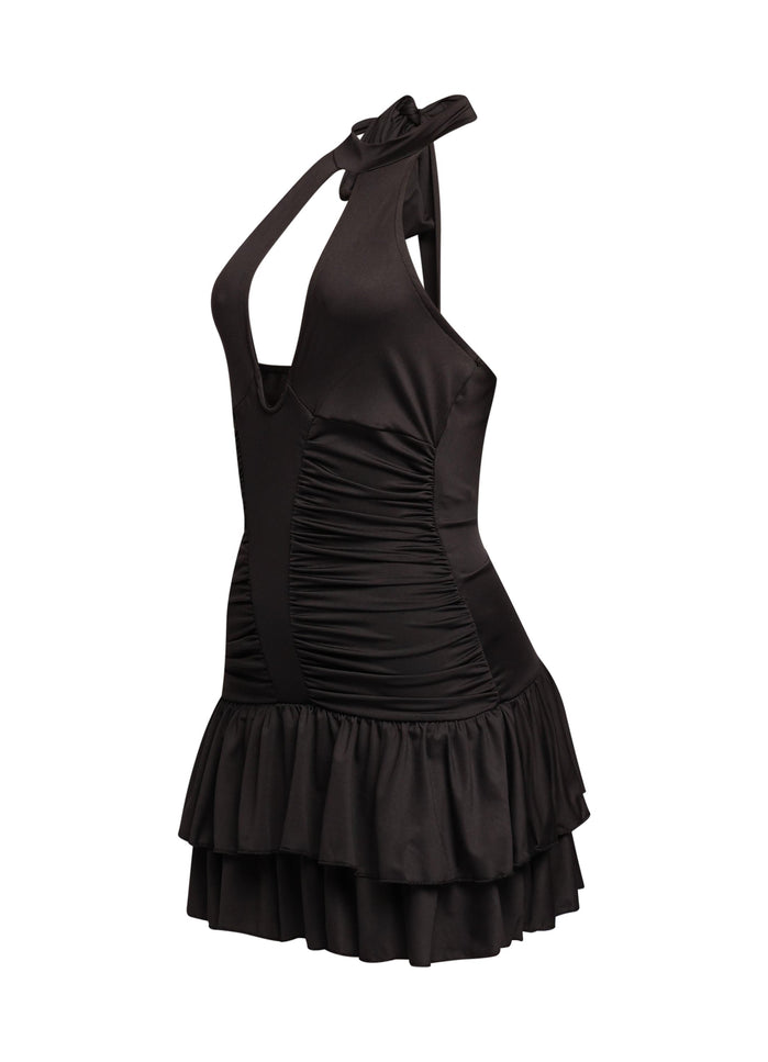 Shirring detailed halter layered ruffle dress - Muvin 