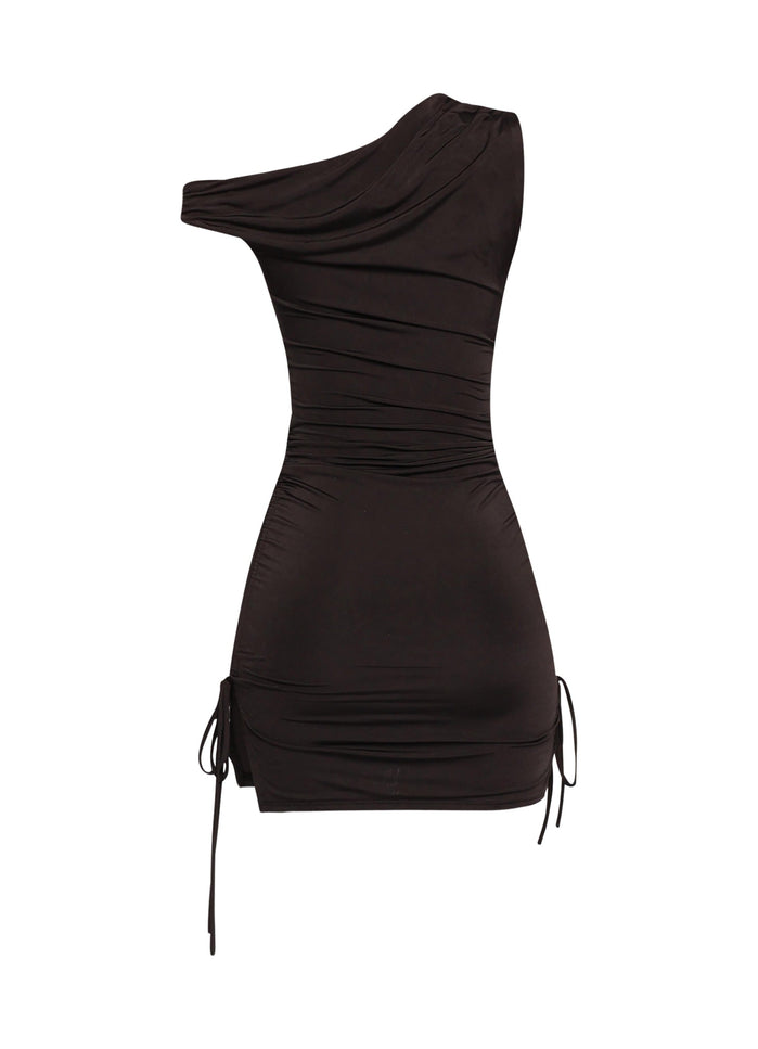 Minimal black ruched mini with slim fit and pull-on design for night out looks


