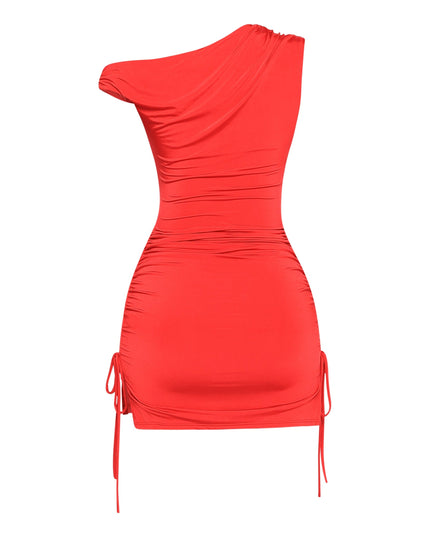Bold red fitted mini dress with angled neckline and hip gathering

