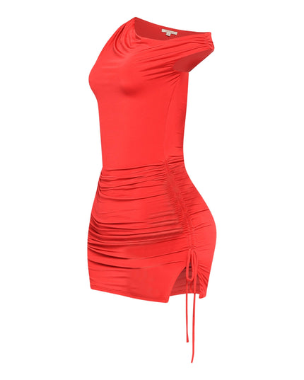 Red club dress with asymmetrical neckline and curve-accentuating silhouette

