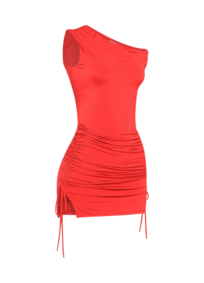 Statement red mini dress with pull-on fit and adjustable drawstring style

