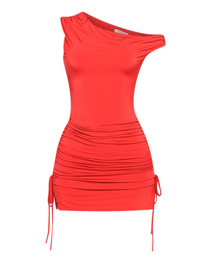 Hot red bodycon dress with gathered sides and modern one-shoulder design

