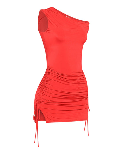 Statement red mini dress with pull-on fit and adjustable drawstring style


