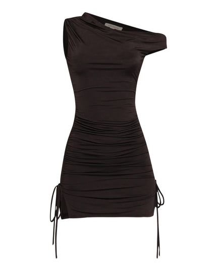 Sleek black mini dress with modern neckline and side cinching detail


