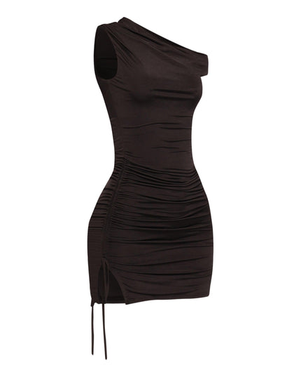 Black curve-hugging mini dress with off-shoulder slant and drawstring ruching

