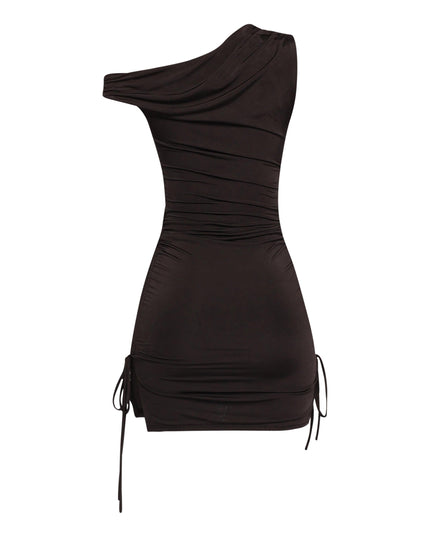 Minimal black ruched mini with slim fit and pull-on design for night out looks

