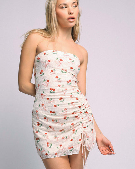 Lace strapless side slit & drawstring mini dress - Muvin 