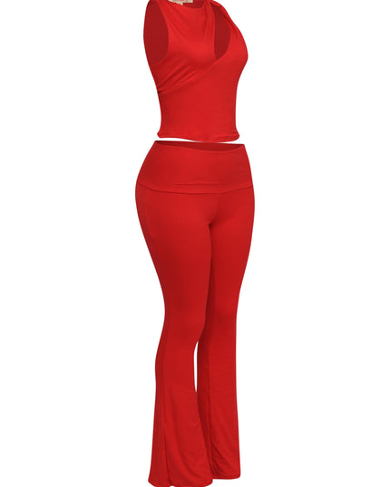 Red co-ord with deep cut-out crop top and high-rise foldover waistband pants

