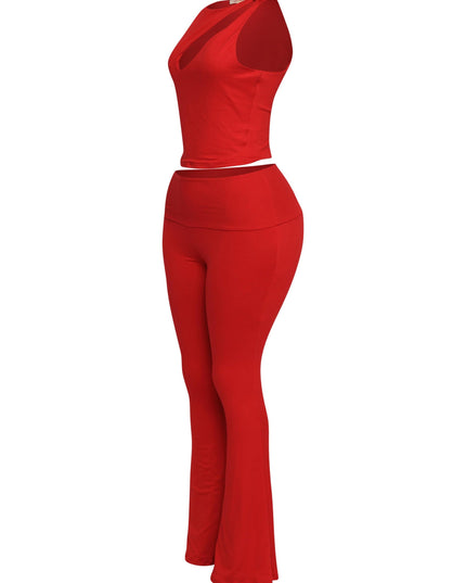 Vibrant red Y2K-inspired two-piece with sleek lines and cut-out crop top detail

