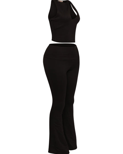Sexy black sleeveless top and flare pants with wide waistband, made from stretch knit

