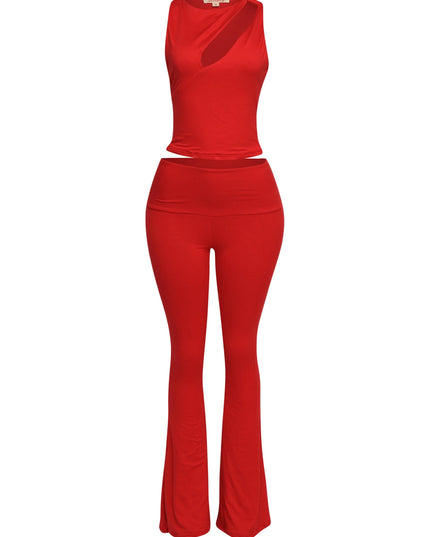 Hot red matching set with body-contouring pants and cut-out detail top for going out

