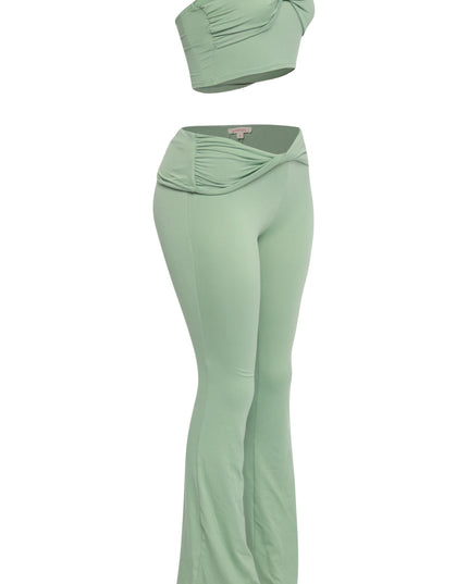 Fresh sage green flared pant set with sleeveless top and pull-on styling


