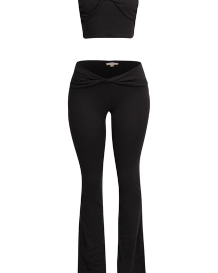 Black matching set with twisted front strapless top and soft flared leg

