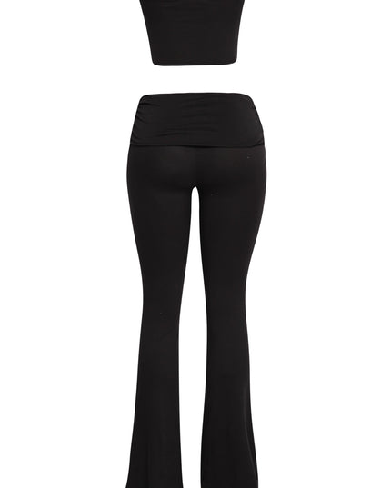 All-black tube top and flare pant lounge set with elevated minimal feel

