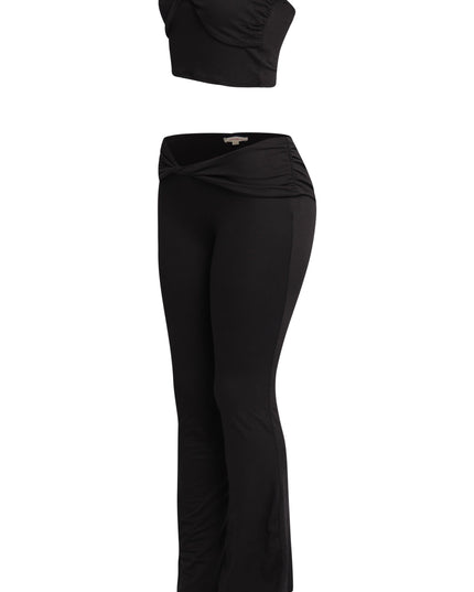 Curve-hugging black co-ord set featuring pull-on crop and relaxed pants

